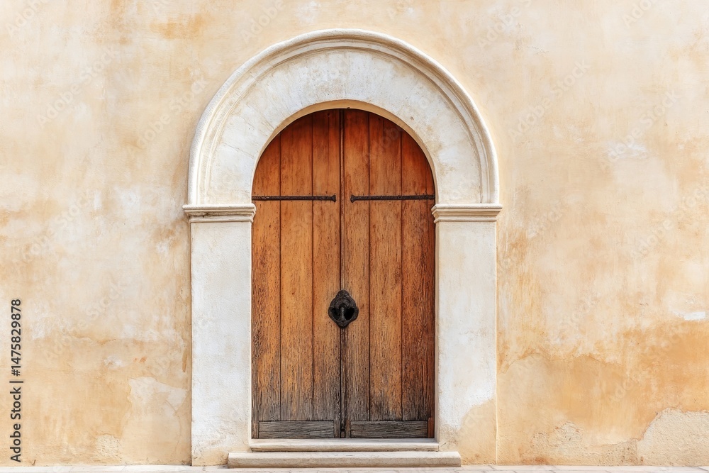 Rustic arched wooden door in a pale stucco wall Rustic arched wooden door in a pale stucco wall