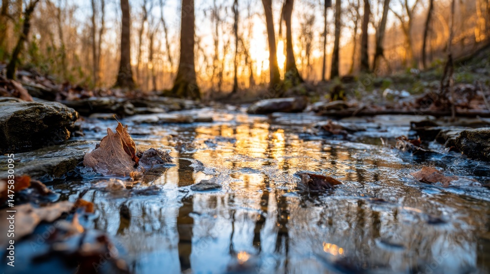 Obraz premium Serene Stream Flowing Through Autumn Forest with Gentle Sunlight at Sunset, Calm and Peaceful Nature Scene