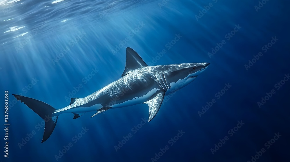 Fototapeta premium Powerful oceanic predator swimming in deep blue water.