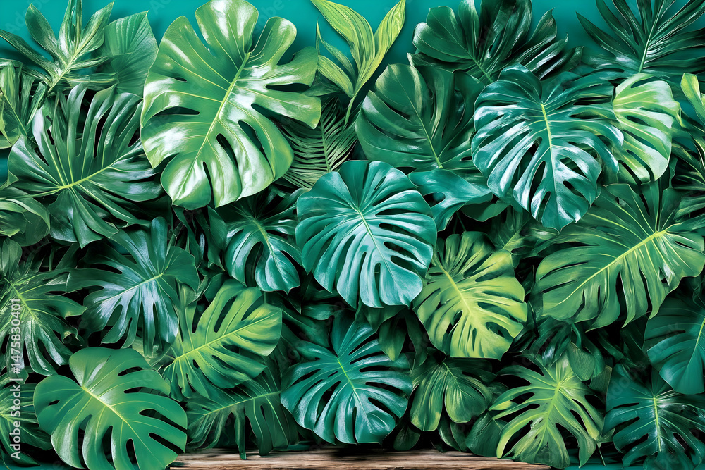Lush tropical monstera leaves backdrop with wooden surface. Ideal for product displays, summer themes, and nature-inspired designs. Lush tropical monstera leaves backdrop with wooden surface. Ideal for product displays, summer themes, and nature-inspired designs.