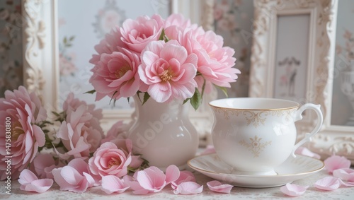 Delicate Pink Roses in a White Vase with a Teacup and Petals on a Soft Pastel Surface