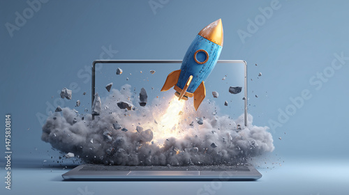  ノートパソコンから飛び出すロケットと爆発エフェクトビジネス爆上げ