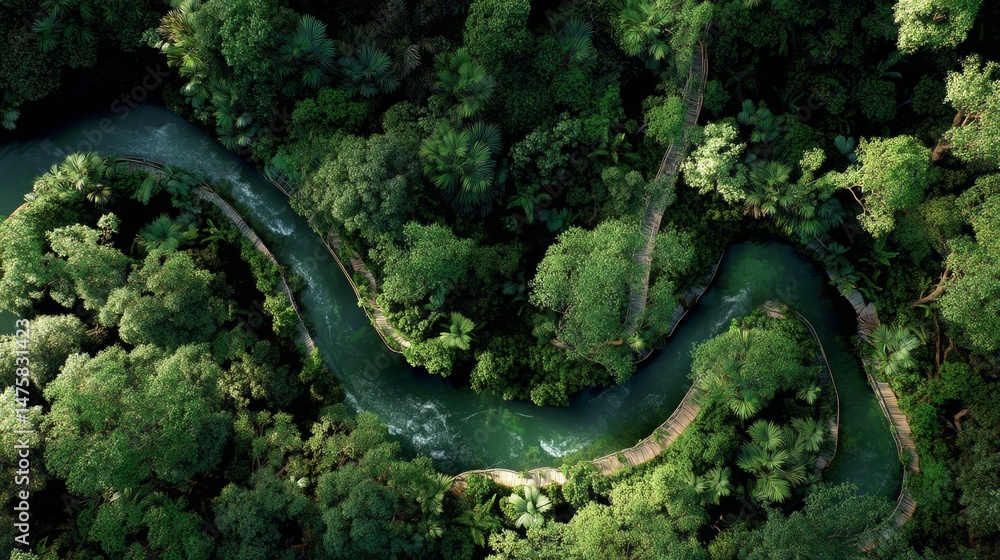 Fototapeta premium Aerial View of Serpentine River Flowing Through Lush Green Jungle in a Vibrant Ecosystem