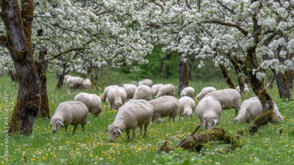 Naklejka premium Grazing Sheep in a Serene Orchard Surrounded by Blossoming Trees in a Picturesque Rural Landscape