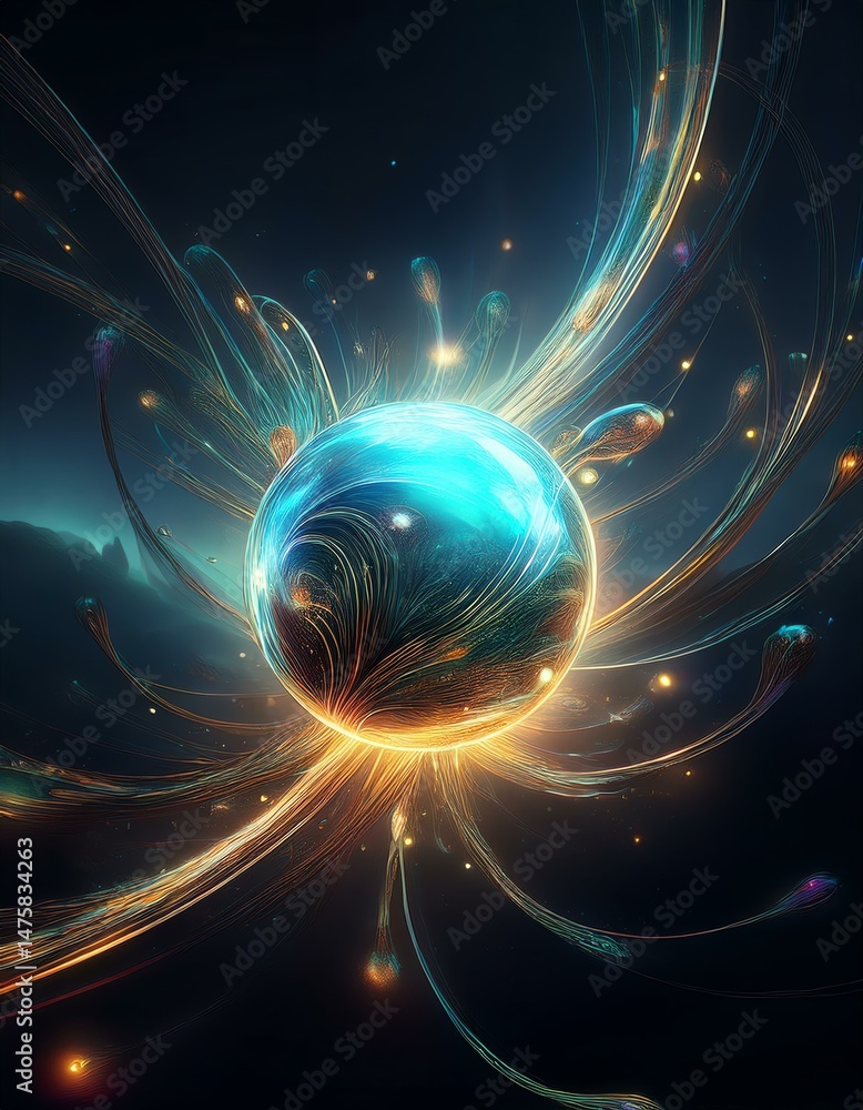 Obraz premium Abstract representation of energy waves surrounding a glowing sphere in space.