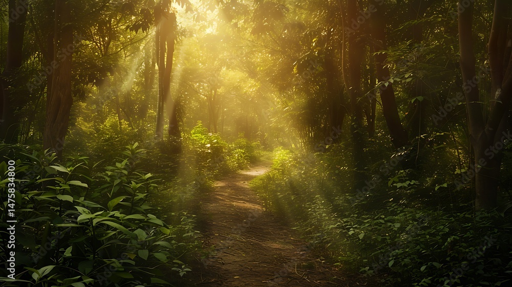 Obraz premium Sunlit Forest Path Leading Through Dense Green Foliage with Sunlight Beams
