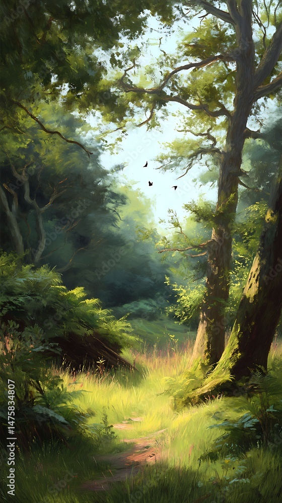 Obraz premium Sunlit Forest Path Leads Through Dense Greenery And Towering Trees
