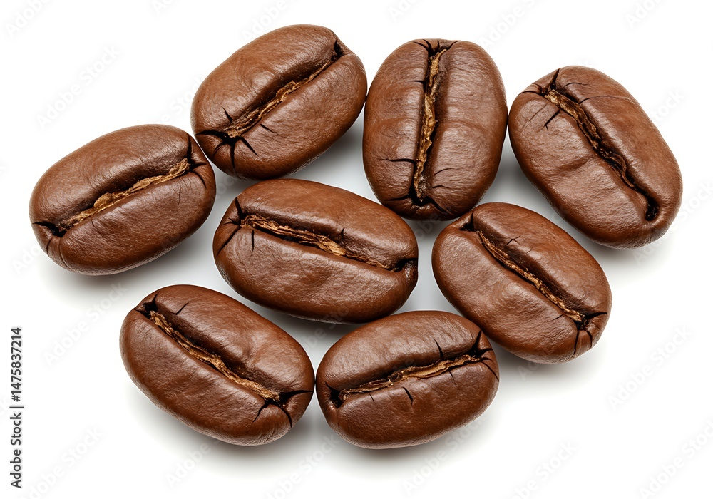 Scattered arrangement of roasted coffee beans on white Scattered arrangement of roasted coffee beans on white