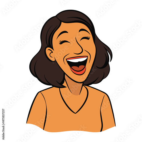 A woman laughing with joy, her eyes sparkling and mouth open in a genuine, carefree smile, radiating warmth, happiness, and the beauty of the moment.

