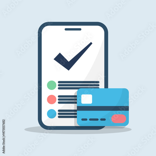 Mobile form approval with credit card flat design illustration
