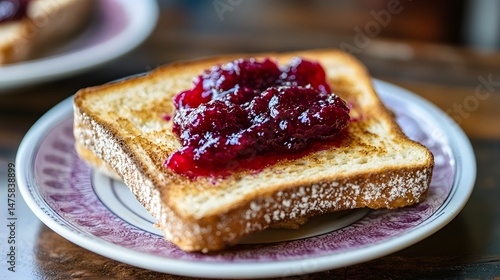 Close-up of a slice of toasted bread topped with berry jam.