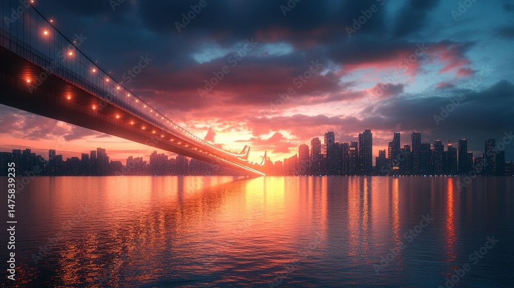 Obraz premium Sunset Cityscape Bridge