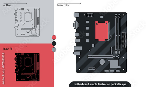 Computer Motherboard flat vector illustration showing socket, RAM, chipset, and ports. Editable EPS in lineal color, outline, and black fill. Perfect for tech, hardware, or electronic design.