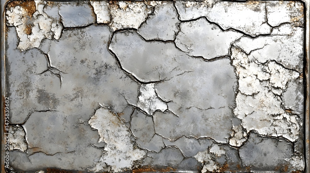 Fototapeta premium Detailed view of a weathered, cracked, metallic surface.