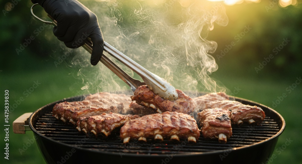 Fototapeta premium Grilled Ribs at Sunset BBQ Bliss in Golden Light.
