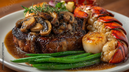 tomahawk steak, smothered in mushrooms and a dark sauce, with a side of seared scallops and a large lobster tail and green beans 