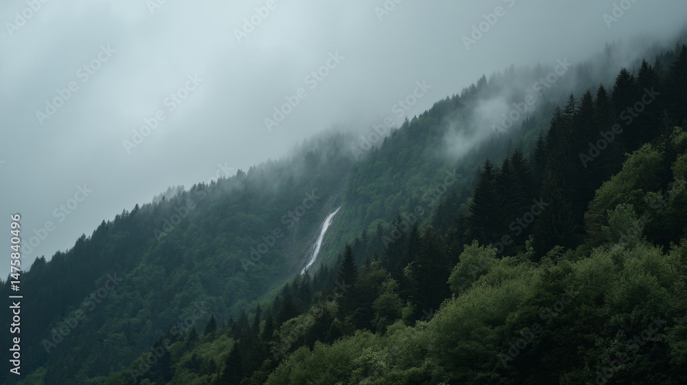 Obraz premium Serene Mountainscape with Waterfall and Foggy Atmosphere in Mysterious Forested Terrain