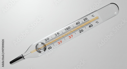 A detailed view of a clinical thermometer showing the temperature reading in celsius.