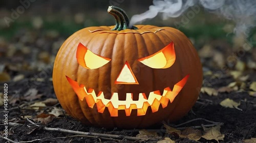 Spooky carved jack-o'-lantern glowing ominously. Perfect for Halloween themes, festive visuals, and spooky backgrounds. Orange, scary.