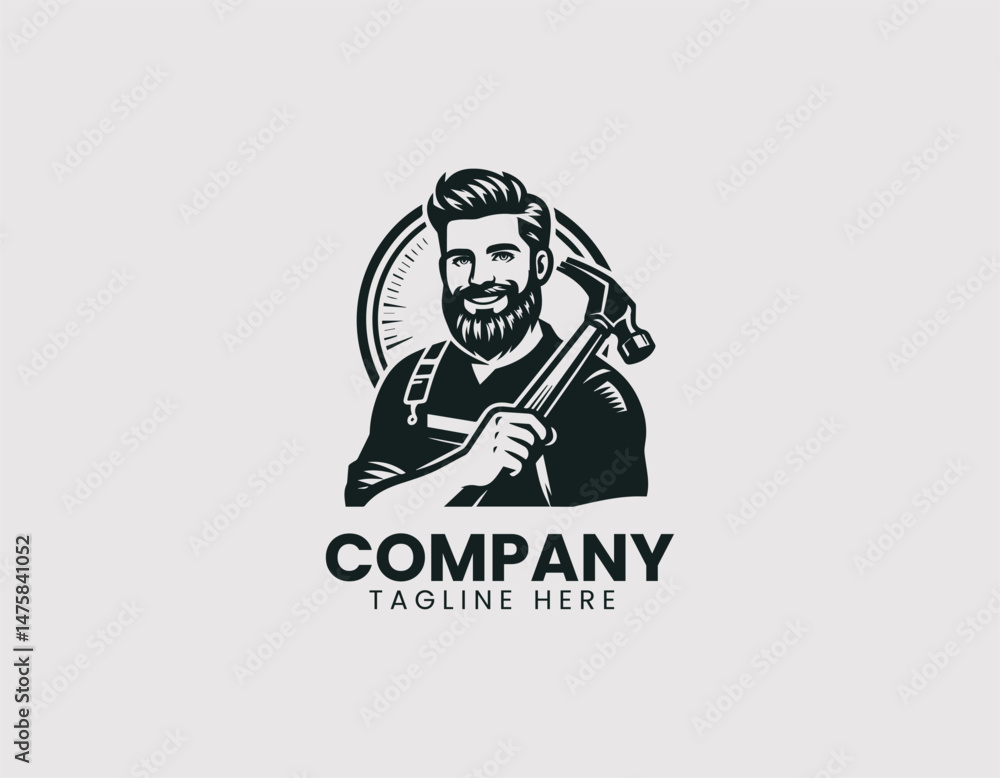 Smiling Young Carpenter Beard Holding Hammer on Shoulder Vector Logo Design, Friendly Young Repairman Beard Hammer on Shoulder Illustration Logo Smiling Young Carpenter Beard Holding Hammer on Shoulder Vector Logo Design, Friendly Young Repairman Beard Hammer on Shoulder Illustration Logo