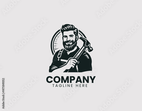 Smiling Young Carpenter Beard Holding Hammer on Shoulder Vector Logo Design, Friendly Young Repairman Beard Hammer on Shoulder Illustration Logo