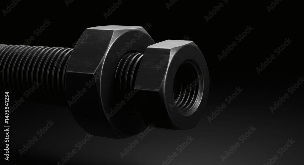 A detailed close-up of a black bolt and nut, highlighting the precision engineering and texture. A detailed close-up of a black bolt and nut, highlighting the precision engineering and texture.