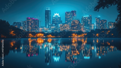 City skyline reflected in tranquil water at night