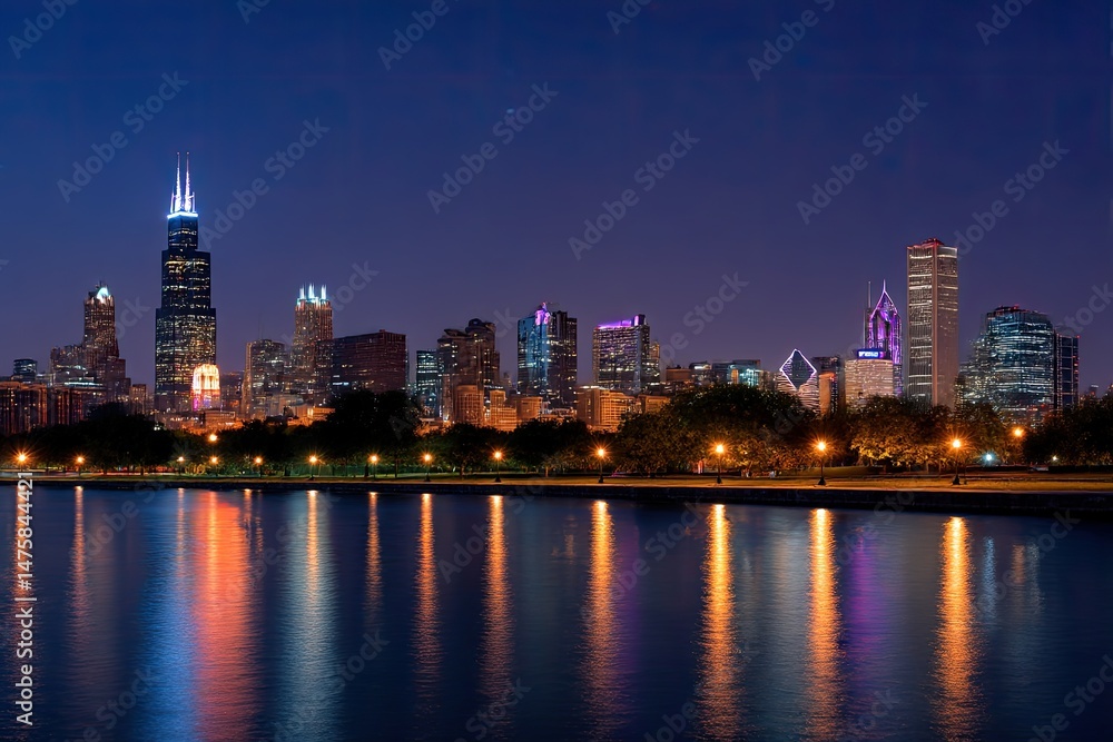 Fototapeta premium Chicago skyline at night illuminated reflecting in Lake Michigan urban landscape