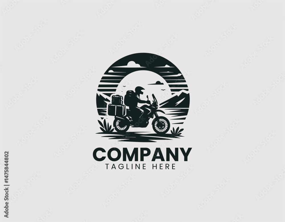 Adventure Motorcyclist with Luggage Setup Vector Logo Design, Touring Motorbike Rider with Luggage Vector Logo Adventure Motorcyclist with Luggage Setup Vector Logo Design, Touring Motorbike Rider with Luggage Vector Logo