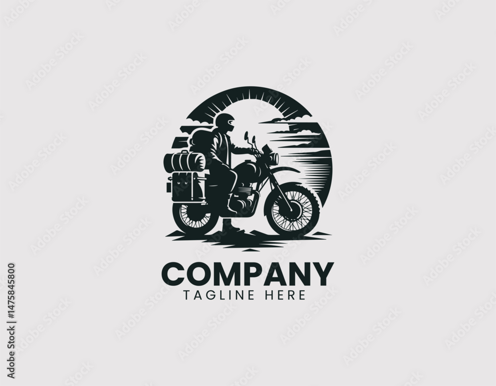 Adventure Motorcyclist with Luggage Setup Vector Logo Design, Touring Motorbike Rider with Luggage Vector Logo Adventure Motorcyclist with Luggage Setup Vector Logo Design, Touring Motorbike Rider with Luggage Vector Logo
