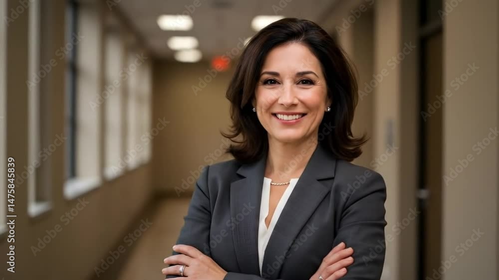 Professional woman in suit smiling in an office hallway portrait shot 4k video Professional woman in suit smiling in an office hallway portrait shot 4k video