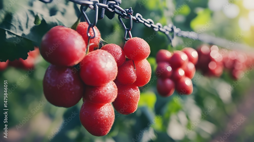 Obraz premium Freshly harvested tomatoes hanging from vines.