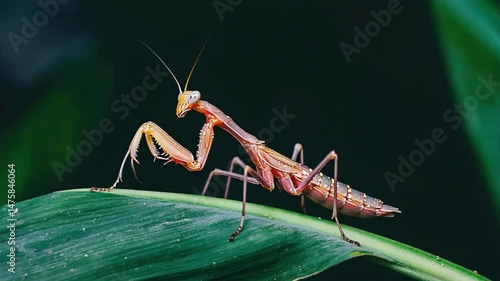 Praying mantis close-up. Ideal for nature themes, insect visuals, and wildlife content. Green, detail.