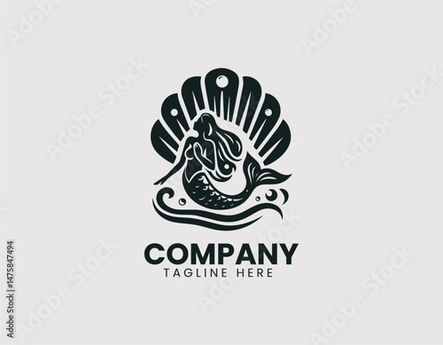 Mermaid Inside Pearl Shell Vector Logo Design, Mermaid in Pearl Oyster Shell Vector Logo, Beautiful Mermaid Inside Pearl Shell Illustration Logo