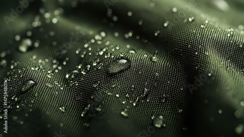 Close-up view of water droplets on dark green fabric.