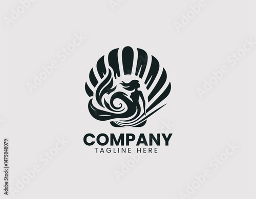 Mermaid Inside Pearl Shell Vector Logo Design, Mermaid in Pearl Oyster Shell Vector Logo, Beautiful Mermaid Inside Pearl Shell Illustration Logo