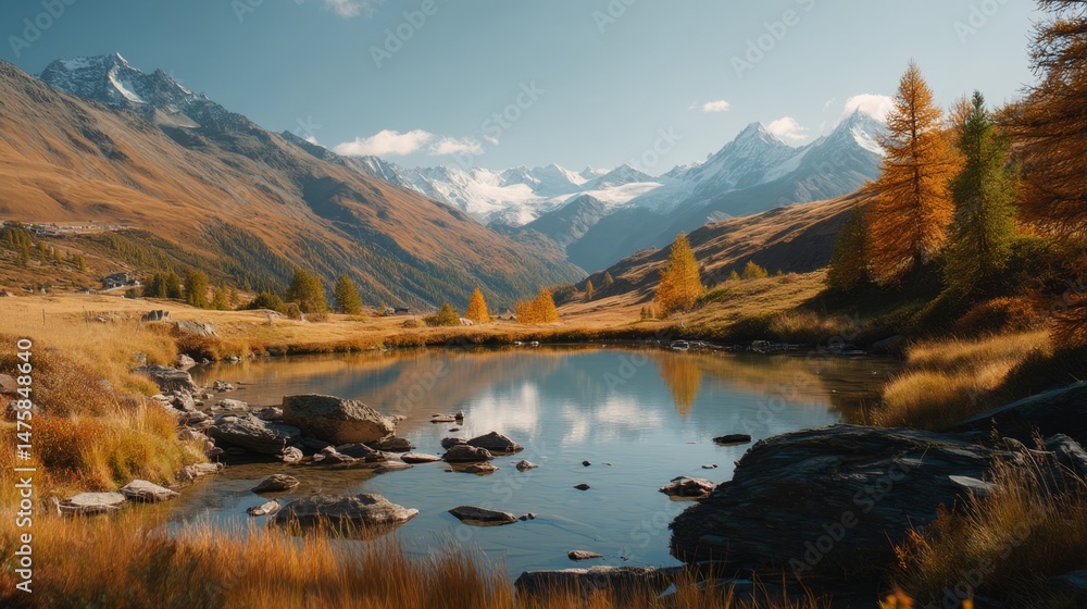 Naklejka premium Serene Mountain Landscape with Vibrant Autumn Colors and Reflection