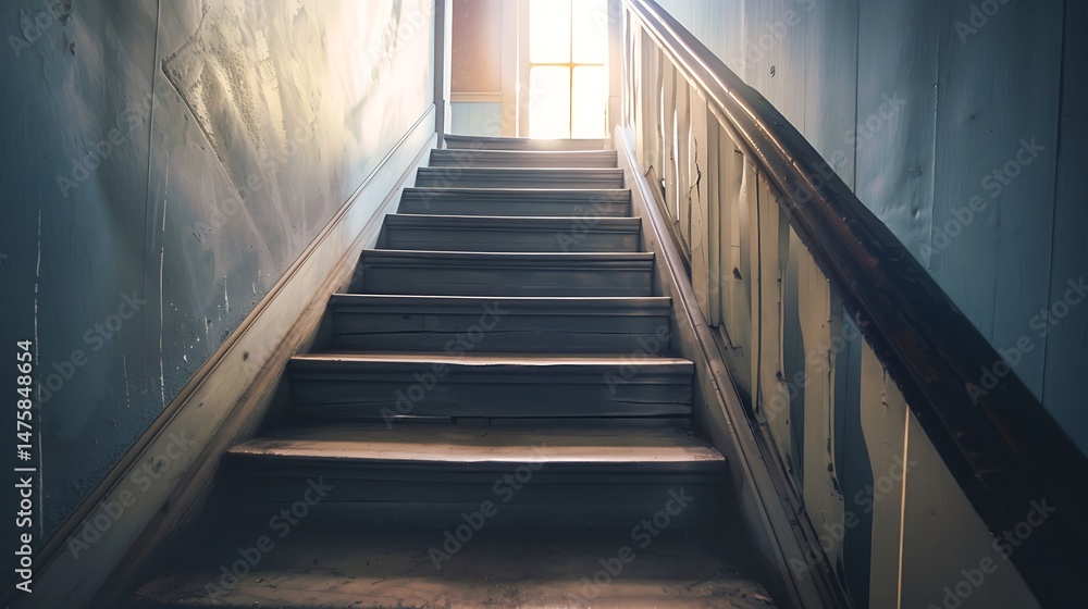 Fototapeta premium Wooden Staircase Ascending Towards Bright Light Through Window In An Old Building