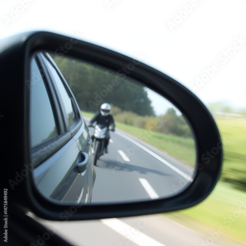 Blurred image of car side mirror showing motorbike rider on highway