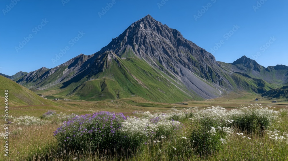 Fototapeta premium Stunning Mountain Landscape with Green Fields and Wildflowers