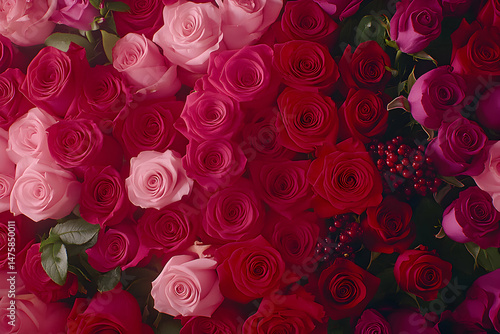 A vibrant collection of pink and red roses, densely packed together, creating a lush and romantic floral backdrop. Ideal for Valentine's Day, wedding invitations, or romantic themes.
