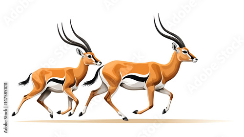 Vector illustration of standing and running Thomson's gazelles isolated on white background