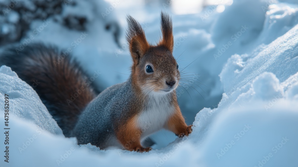 Adorable Squirrel in Snowy Landscape with Snowflakes in Background Adorable Squirrel in Snowy Landscape with Snowflakes in Background