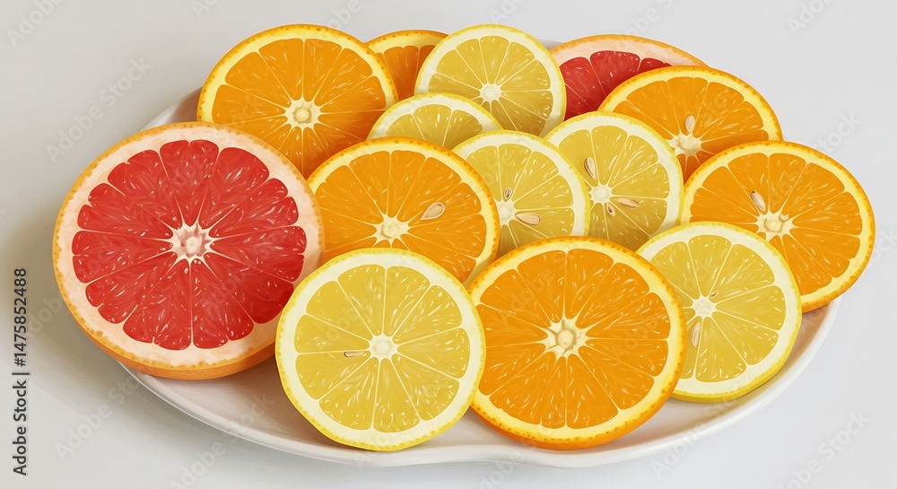 Fototapeta premium Plate of Fresh Citrus Fruit Slices Lemon Orange and Grapefruit