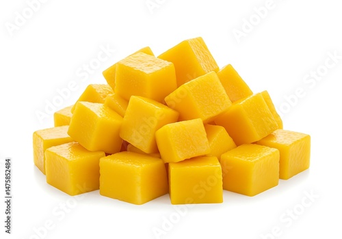 A pile of fresh mango cubes on a white background