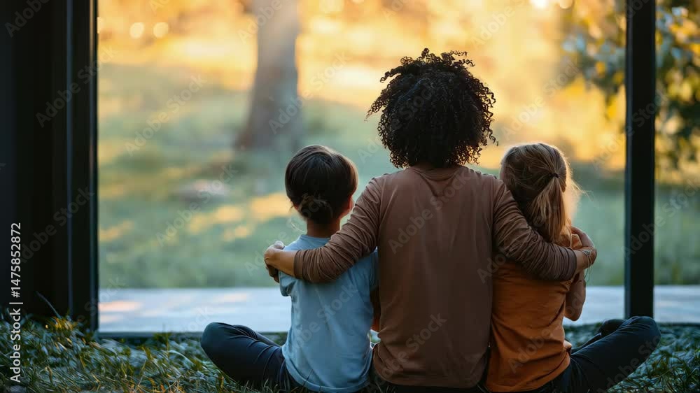 A family enjoying a serene view through a large window, with warm sunlight illuminating their silhouettes.