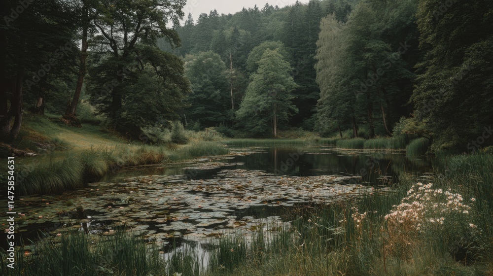 Serene Forest Pond Surrounded by Lush Trees and Greenery in Nature Serene Forest Pond Surrounded by Lush Trees and Greenery in Nature