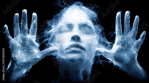 Ethereal Woman with Glowing Patterns on Face and Hands Against Black