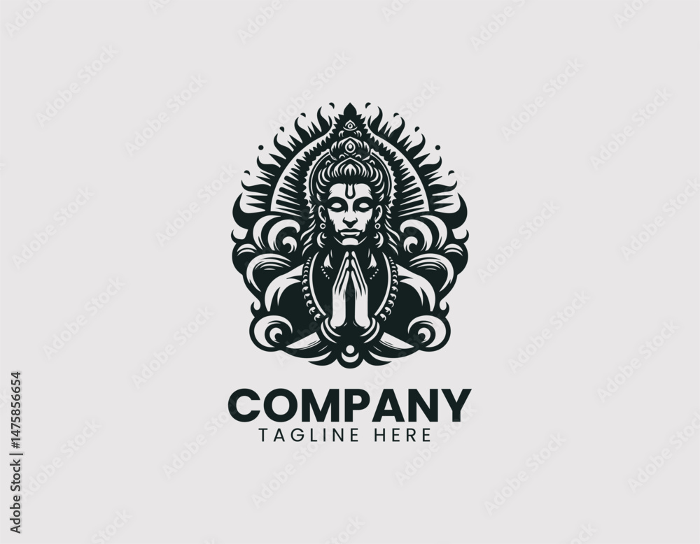 Obraz premium Hanuman Meditating Vector Logo Design, Lord Hanuman in Meditation Pose Vector Logo, Meditating Hindu God Hanuman Vector Logo