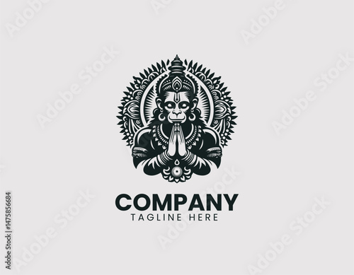 Hanuman Meditating Vector Logo Design, Lord Hanuman in Meditation Pose Vector Logo, Meditating Hindu God Hanuman Vector Logo